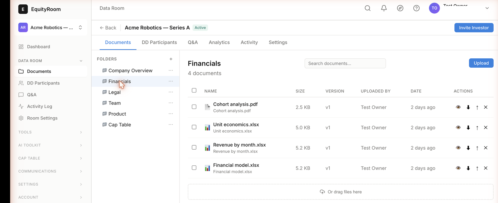 EquityRoom data room — Acme Robotics Series A, Financials folder with documents
